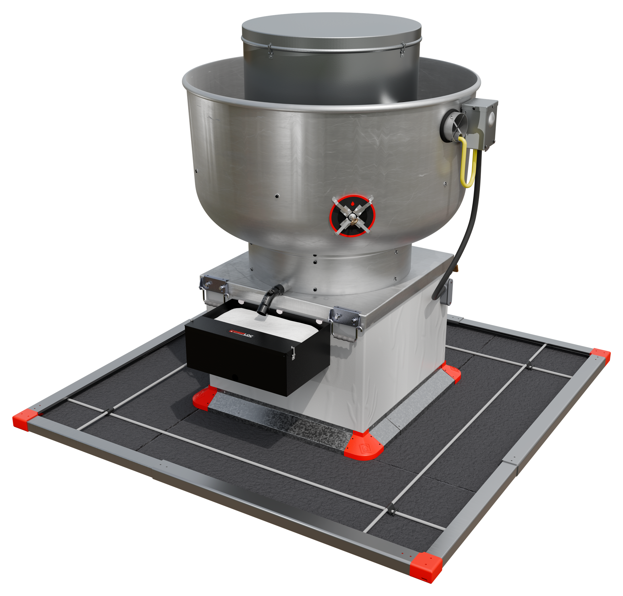 Commercial rooftop exhaust fan with DRIPLOC grease containment and rooftop protection system
