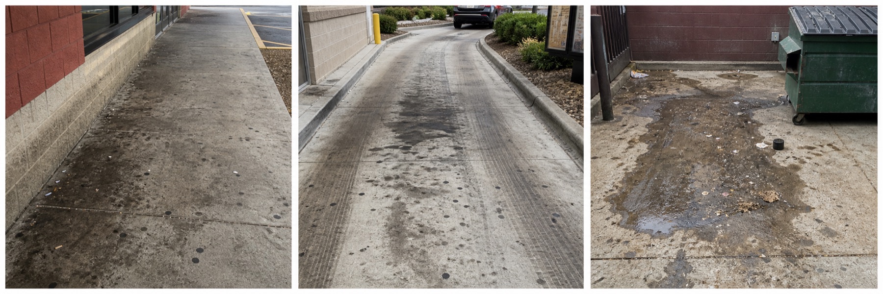 Dirty restaurant sidewalk, drive-through lane, and service stall concrete
